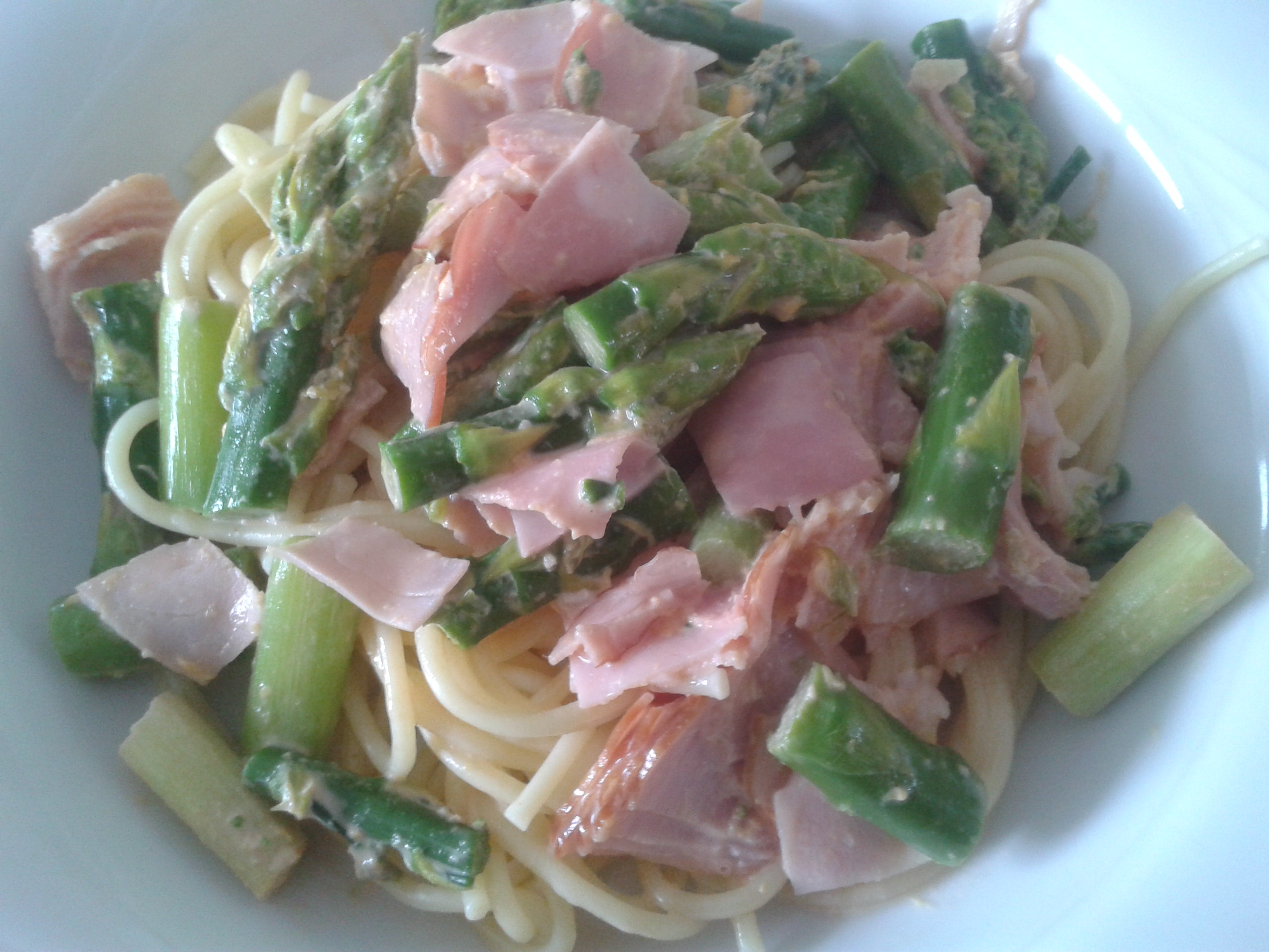 Grünspargel mit Spaghetti und Schinken